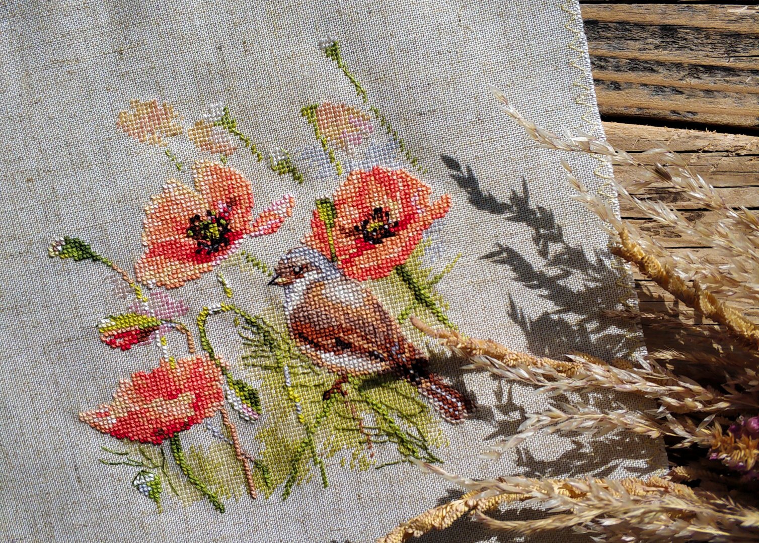 Close-up Photo of Embroided Poppy Flowers